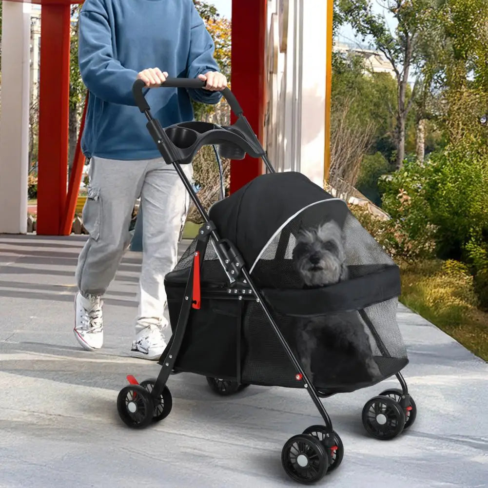 Folding Pet Stroller With Breathable Mesh And Cup Holder