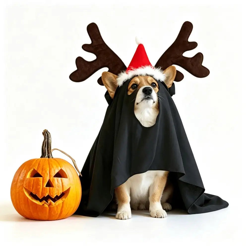 Halloween Ghost Pet Cape And Reindeer Antlers Headband Costume Set