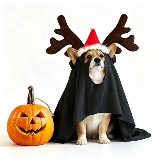 Halloween Ghost Pet Cape And Reindeer Antlers Headband Costume Set