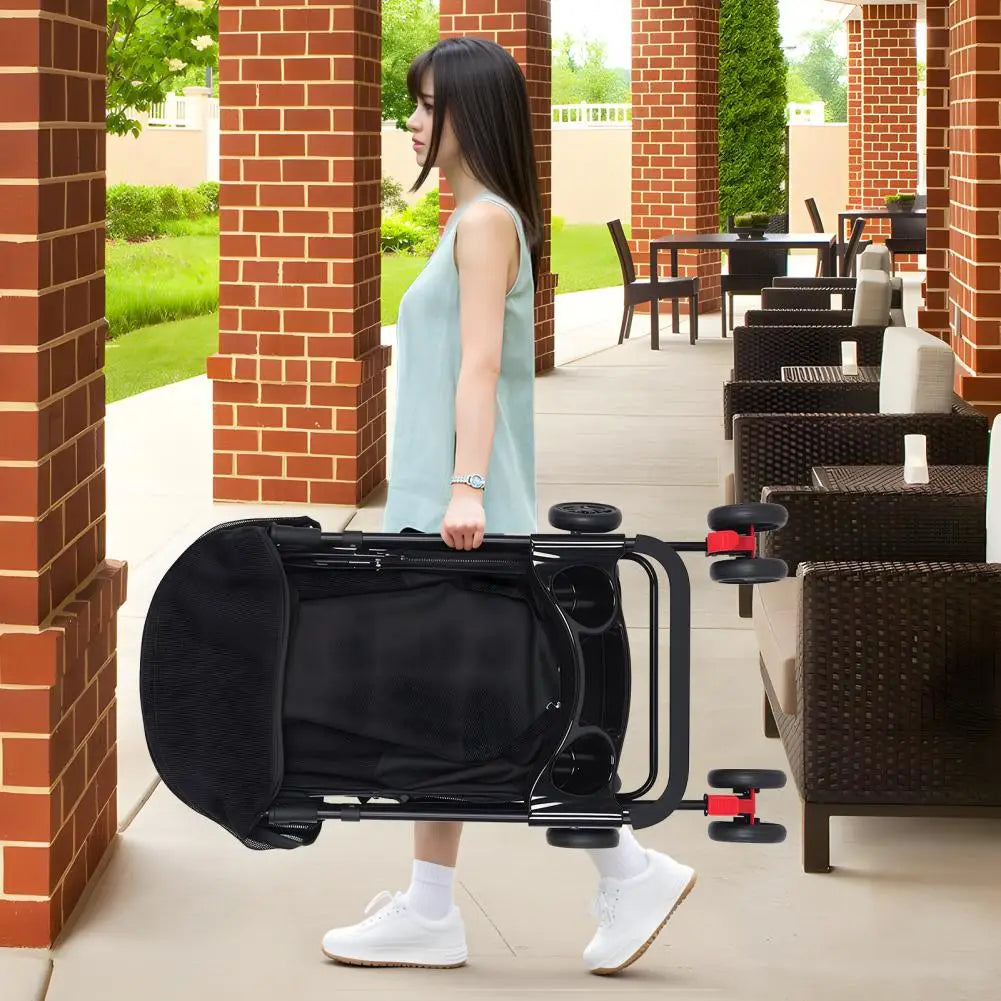 Folding Pet Stroller With Zipper Cage And Cup Holder