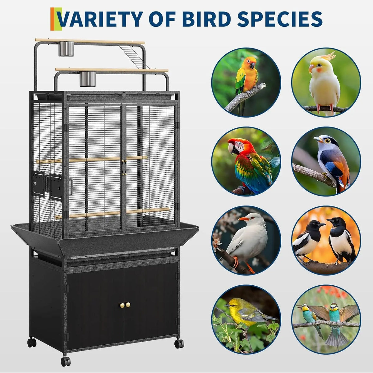 HiMISS Metal Bird Cage With Rolling Play Top Storage Cabinet