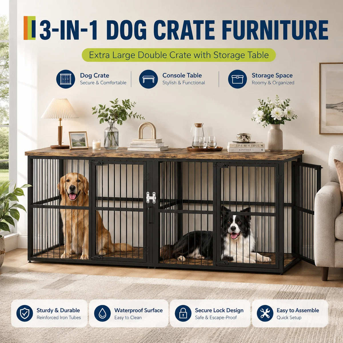 Heavy Duty Wooden Double Dog Crate Furniture Storage Cabinet