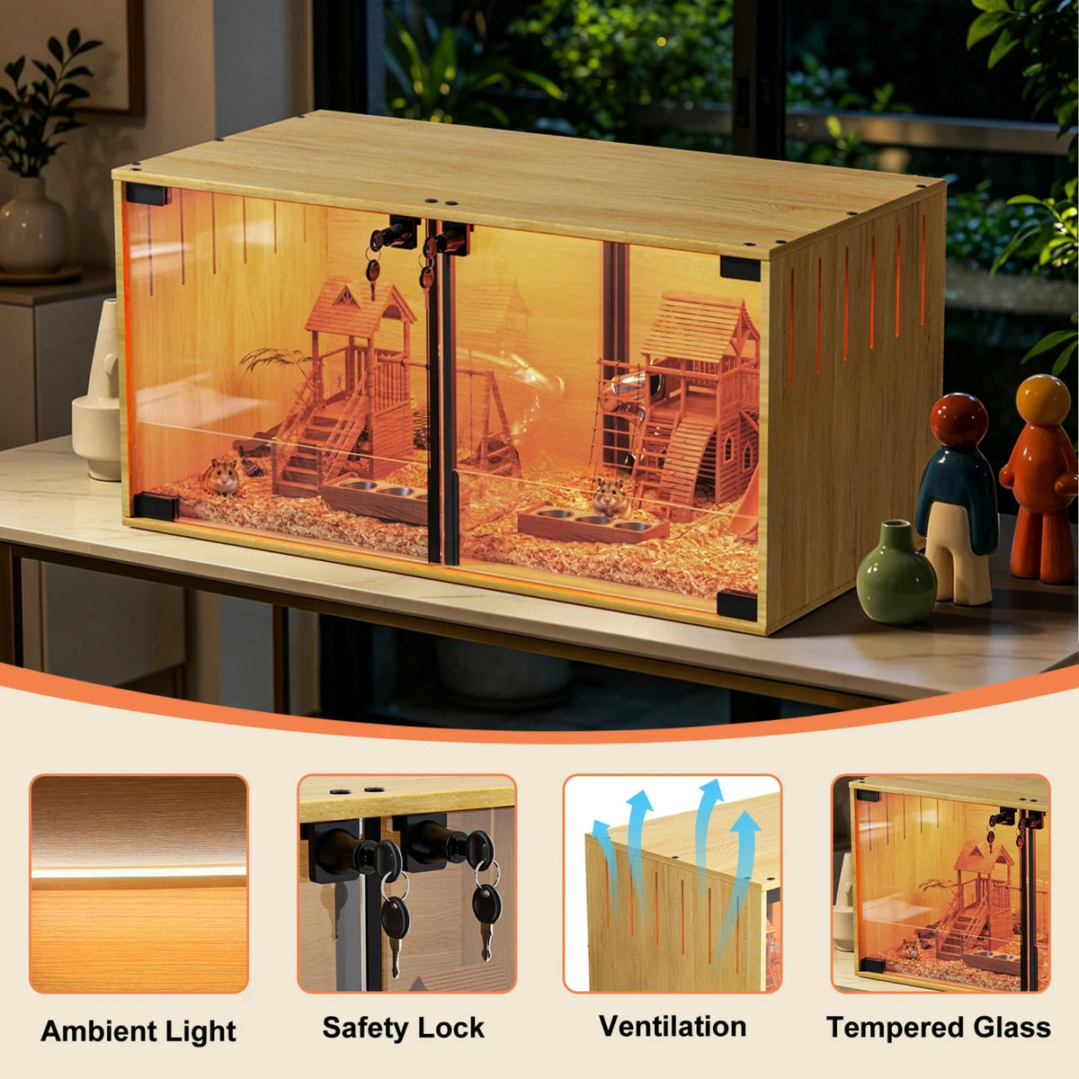 Wooden Small Animal Cage With Tempered Glass For Pets