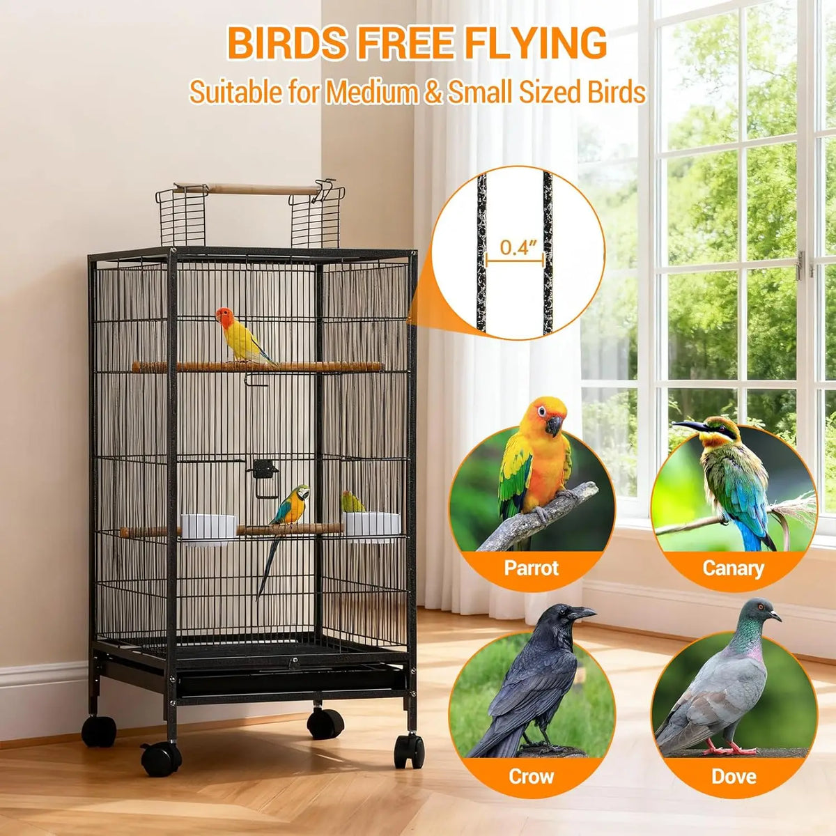 HiMISS Bird Cage With Rolling Stand Open Top For Budgies