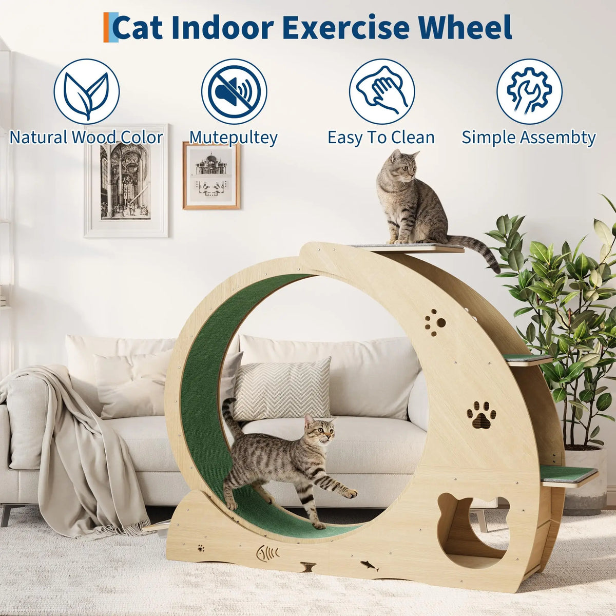 HiMISS 6in1 Cat Exercise Wheel Quiet With Bowls Scratch Post
