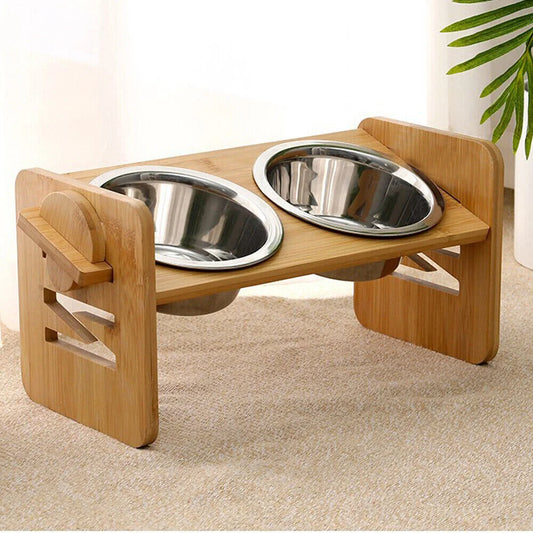 Adjustable Elevated Dog Bowls With Bamboo And Stainless Steel Stand