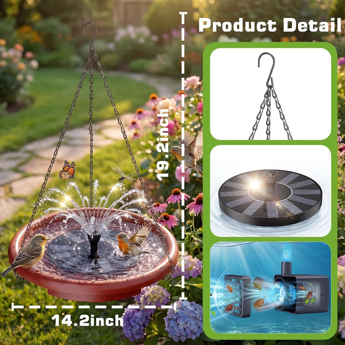 Hanging Solar Bird Bath With Fountain For Garden Decor