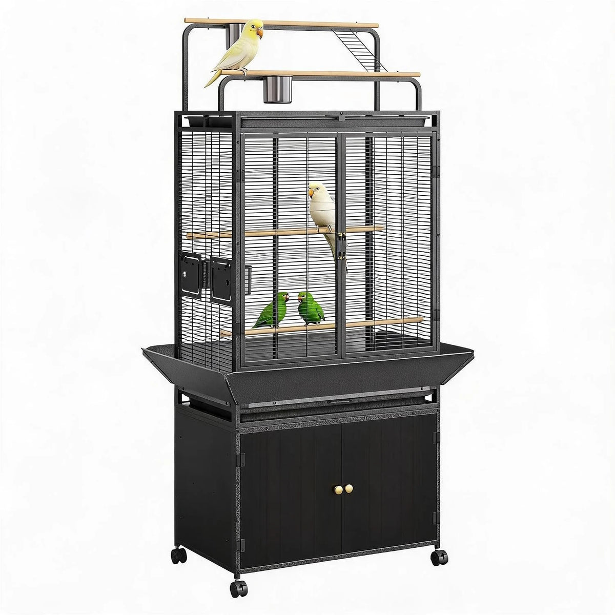 HiMISS Metal Bird Cage With Rolling Play Top Storage Cabinet