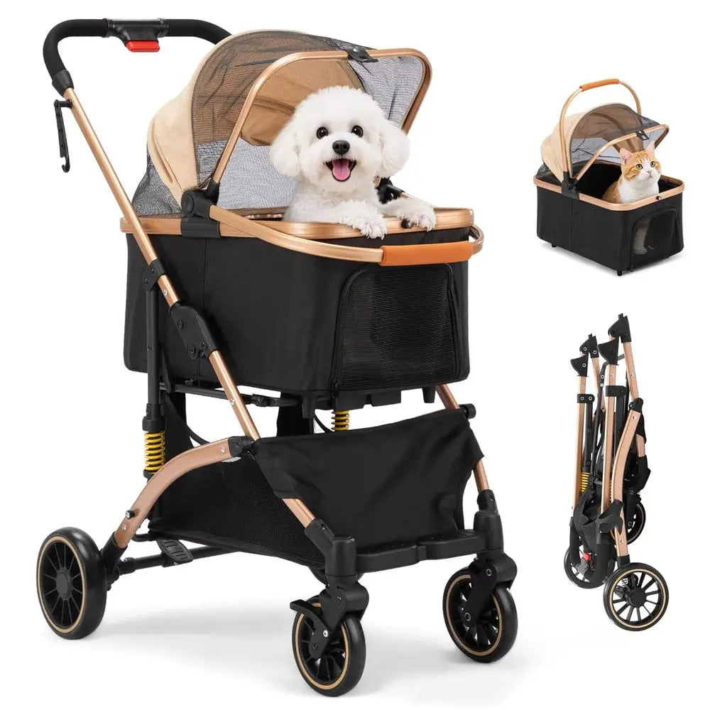 Pet Dog Stroller With Shock Absorbers, Removable Cabin And Basket