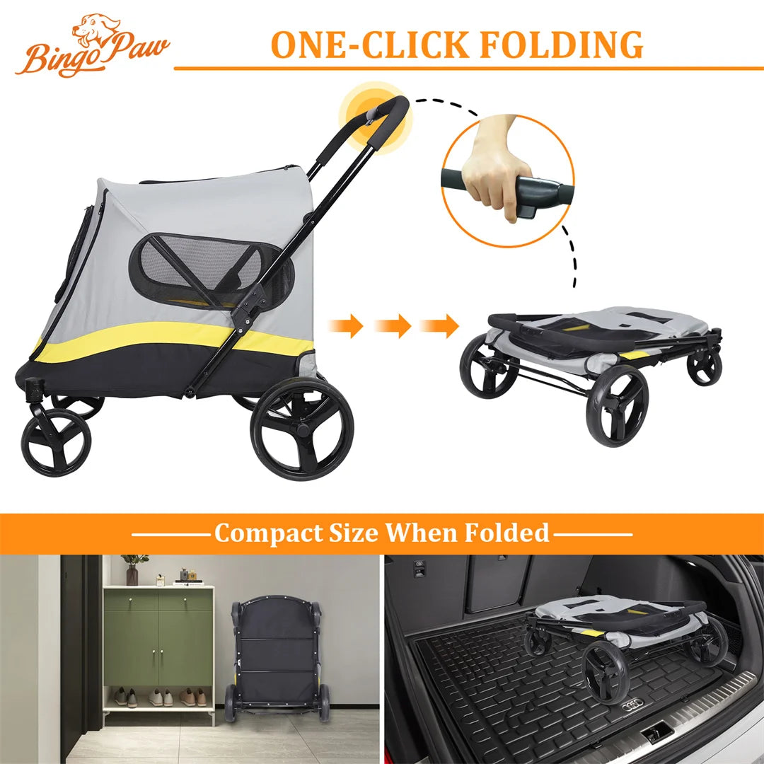 BingoPaw Foldable Dog Stroller for Small Dogs, Pet Travel Stroller with 4 Heavy-Duty Universal Wheels & Rainproof Cover