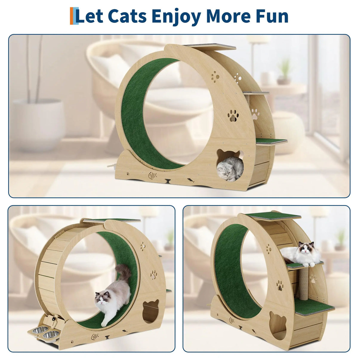 HiMISS 6in1 Cat Exercise Wheel Quiet With Bowls Scratch Post