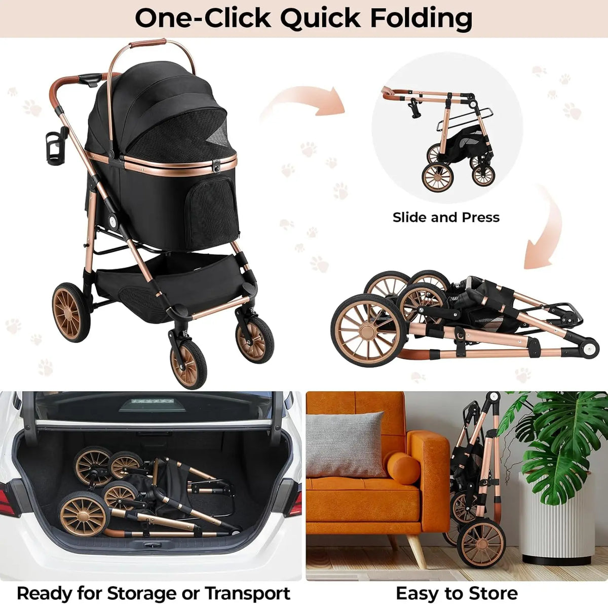 Foldable Three In One Pet Stroller With Carrier Storage Basket