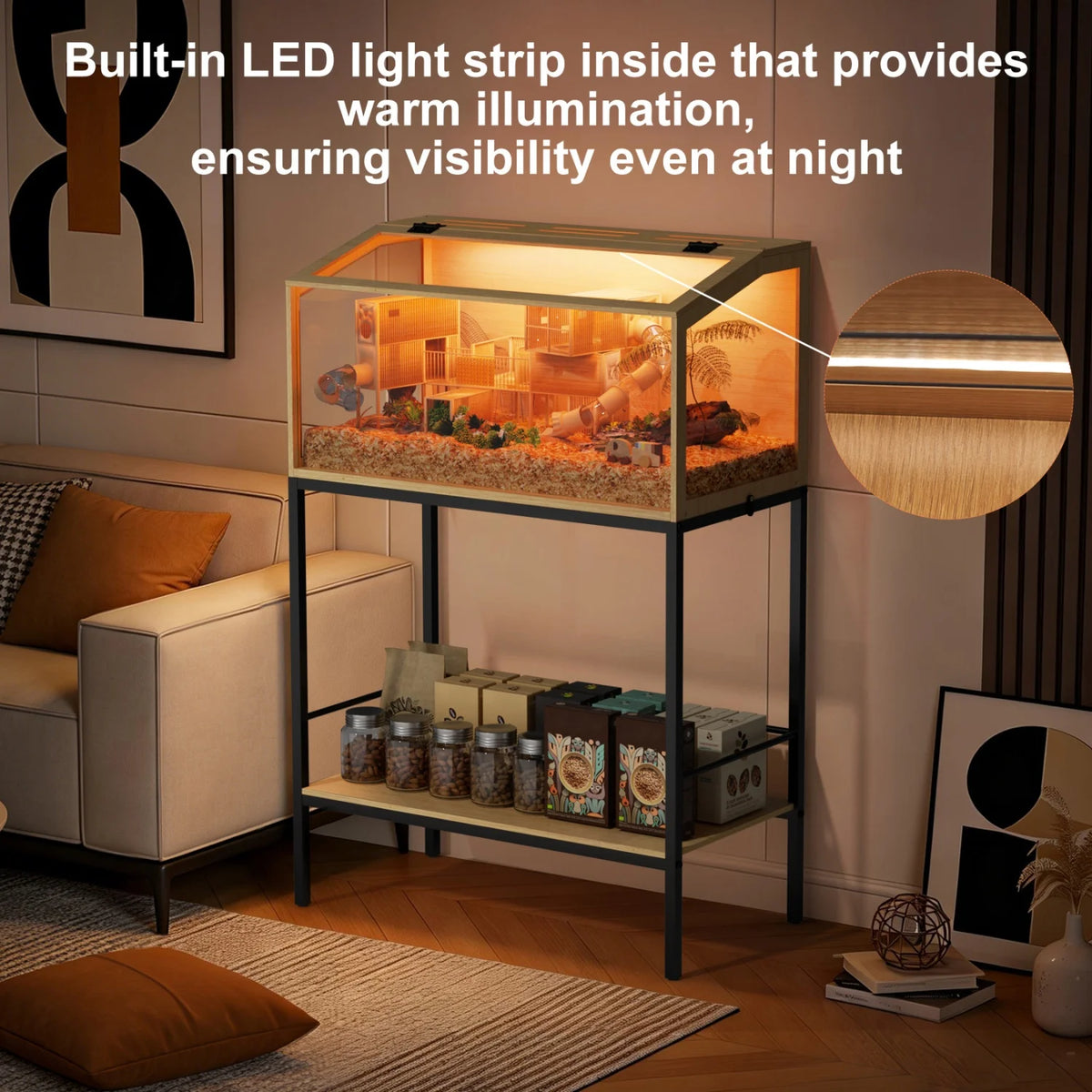 Chewproof Wooden Hamster Habitat Featuring Tempered Glass And Led Lighting