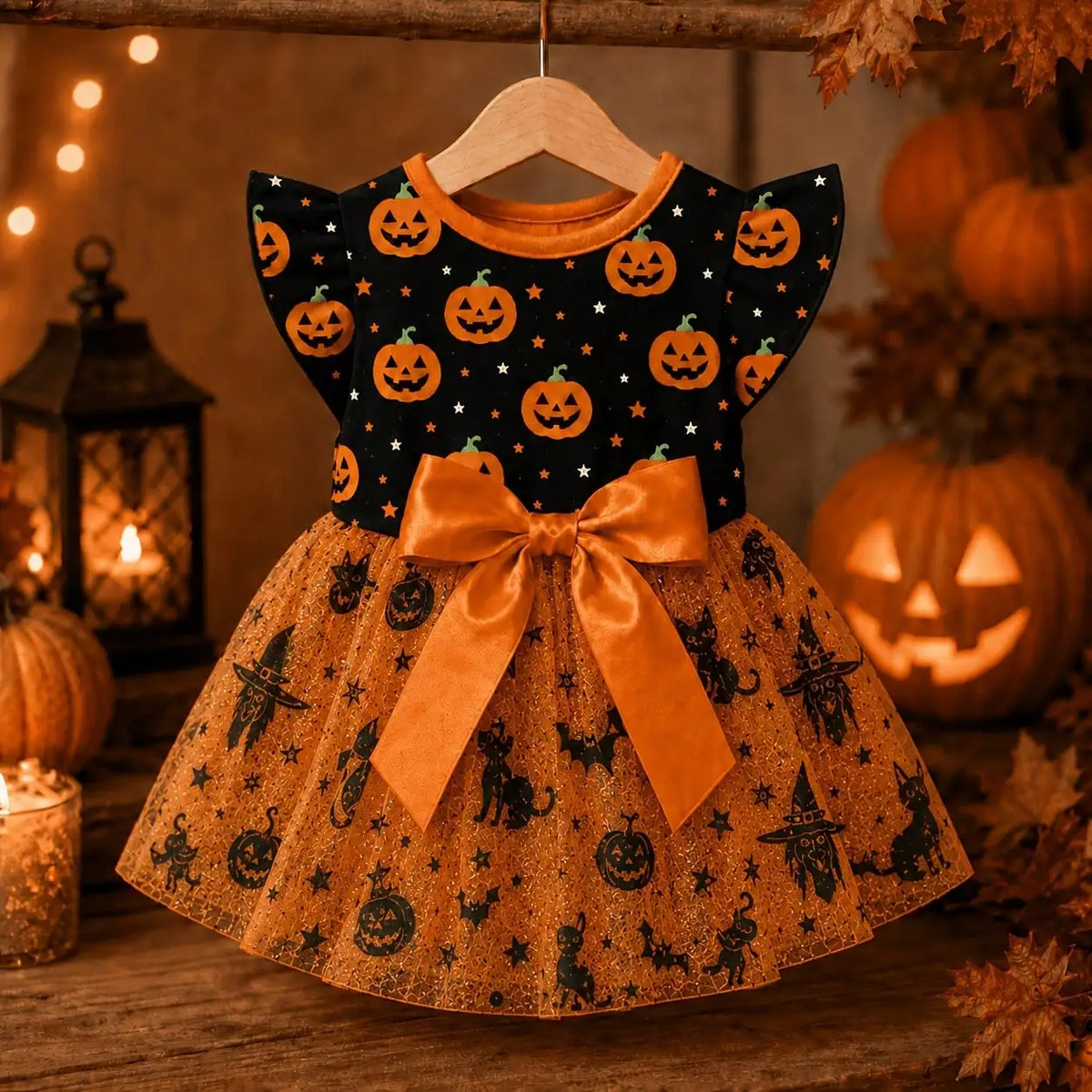 Halloween Pumpkin Print Dog Dress With Bow For Everyday Wear