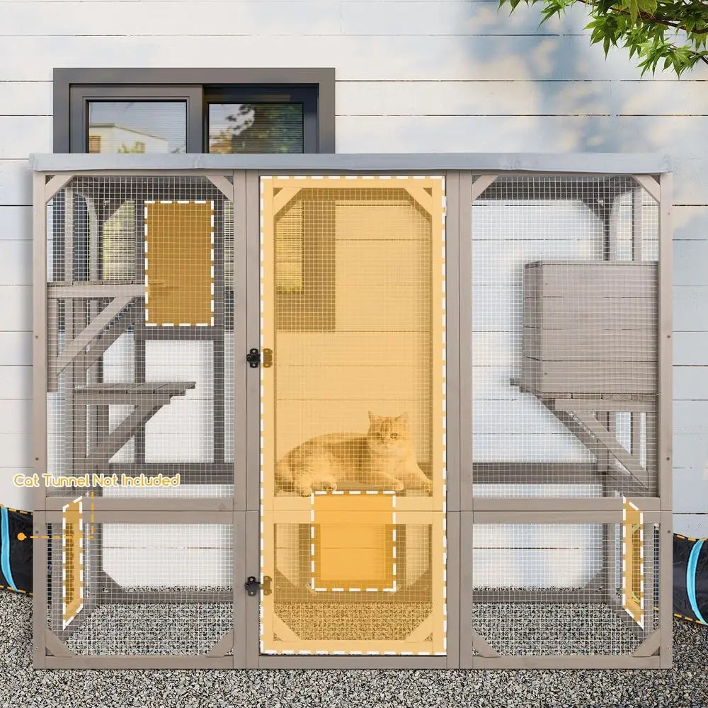 Wooden Outdoor Cat Enclosure With Multiple Platforms And Resting Boxes