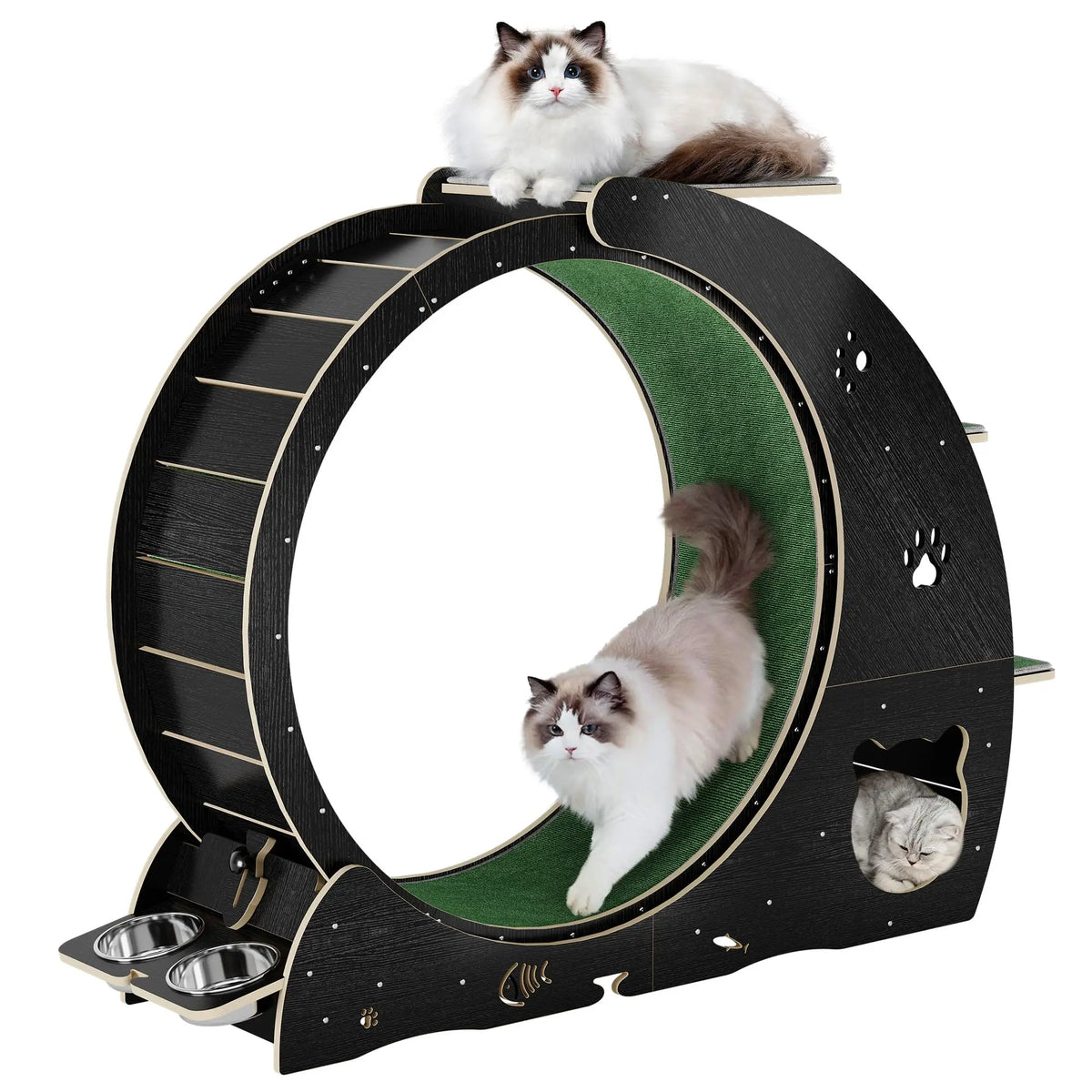 HiMISS 6in1 Cat Exercise Wheel Quiet With Bowls Scratch Post