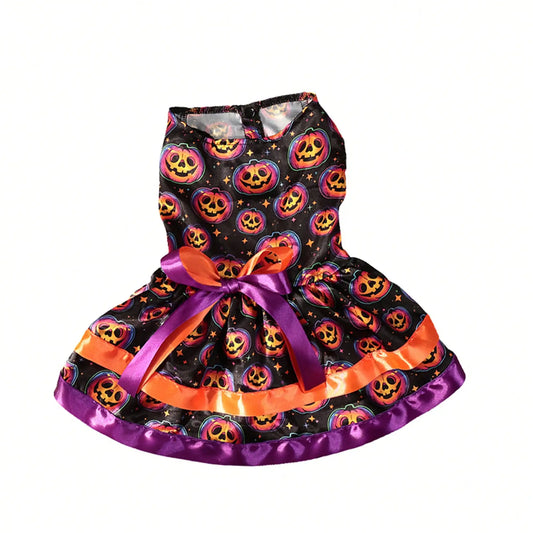 Halloween Dog Dress With Pumpkin And Skull Print Bowknot