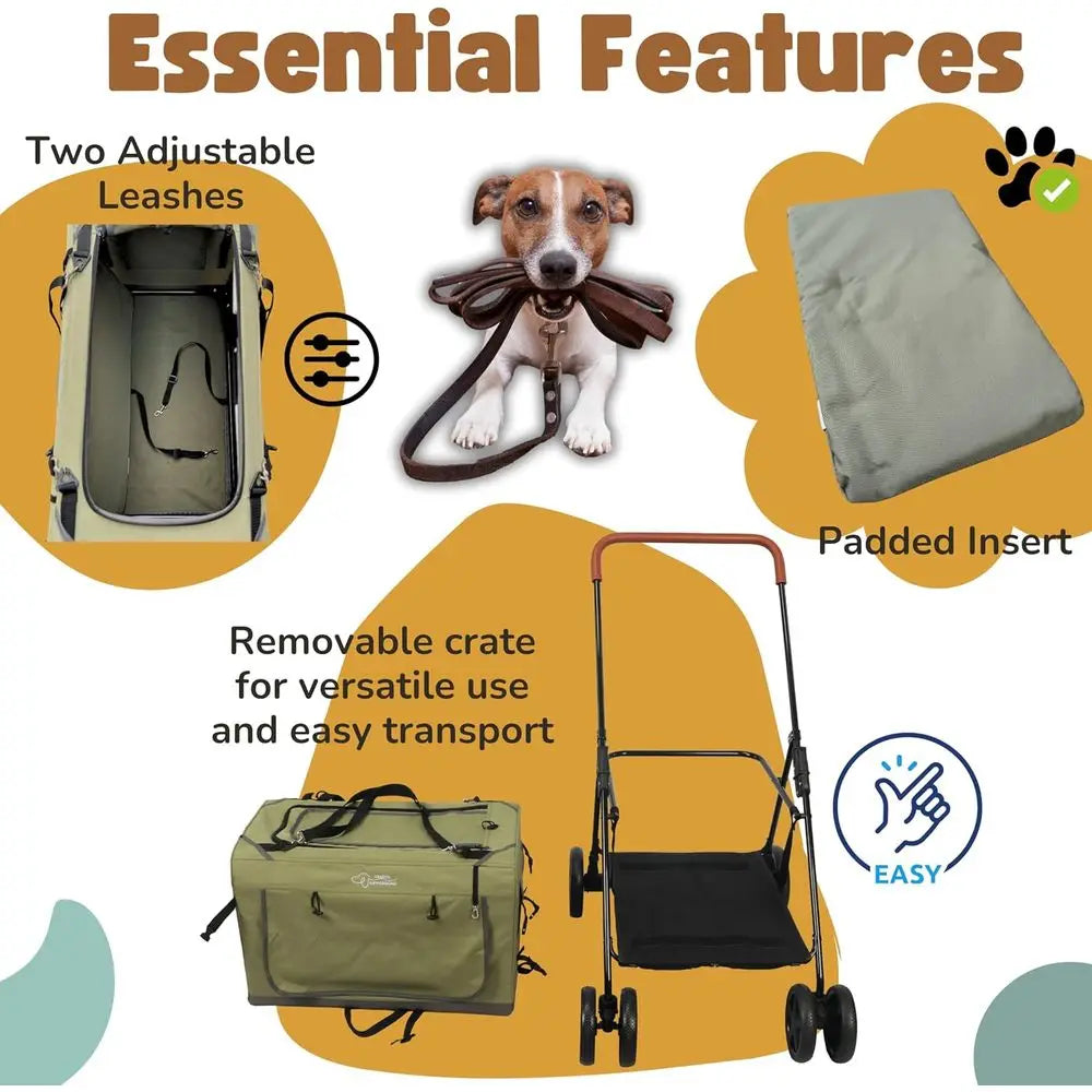Portable Pet Stroller With Detachable Carrier For Dogs And Cats