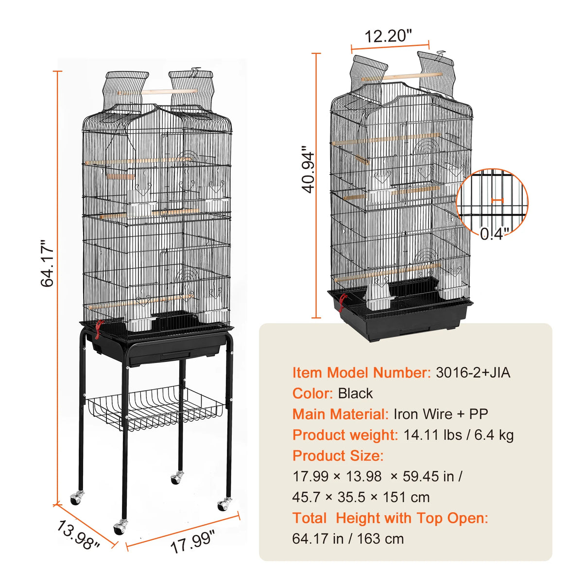 SucceBuy Open Top Hanging Bird Cage With Swing And Perch