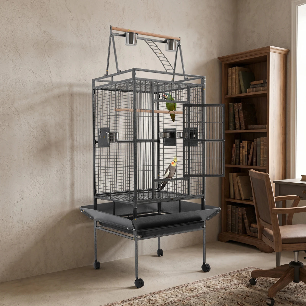 Spacious Rolling Parrot Bird Cage With Sturdy Iron Playtop