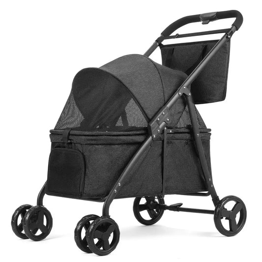 Foldable Dog Travel Stroller With Heavy Duty Wheels Adjustable Handle