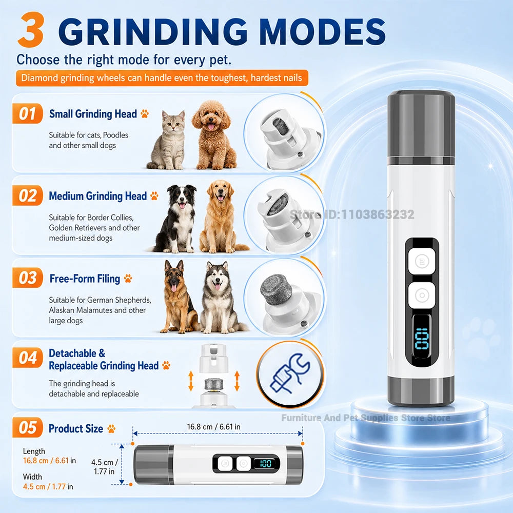 Electric Pet Nail Grinder With 3 Speed Settings LED Light