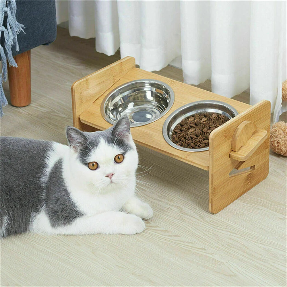 Adjustable Elevated Dog Bowls With Bamboo And Stainless Steel Stand