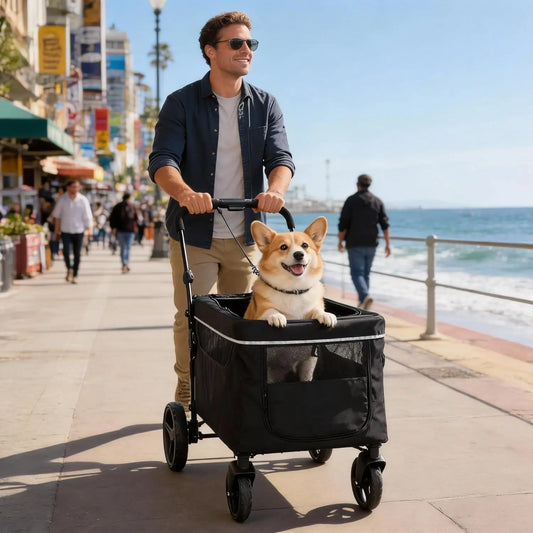 Foldable Pet Stroller Wagon With Breathable Mesh Windows