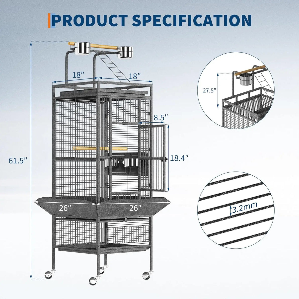 HiMiss Metal Bird Cage With Play Top And Wooden Perches