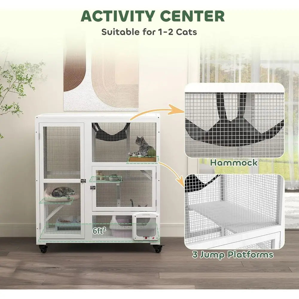Indoor Multi Level Cat Enclosure With Wheels And Hammock Platform