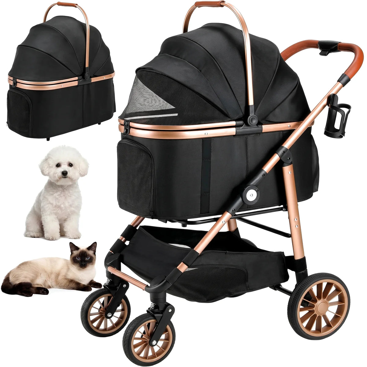 Foldable Three In One Pet Stroller With Carrier Storage Basket