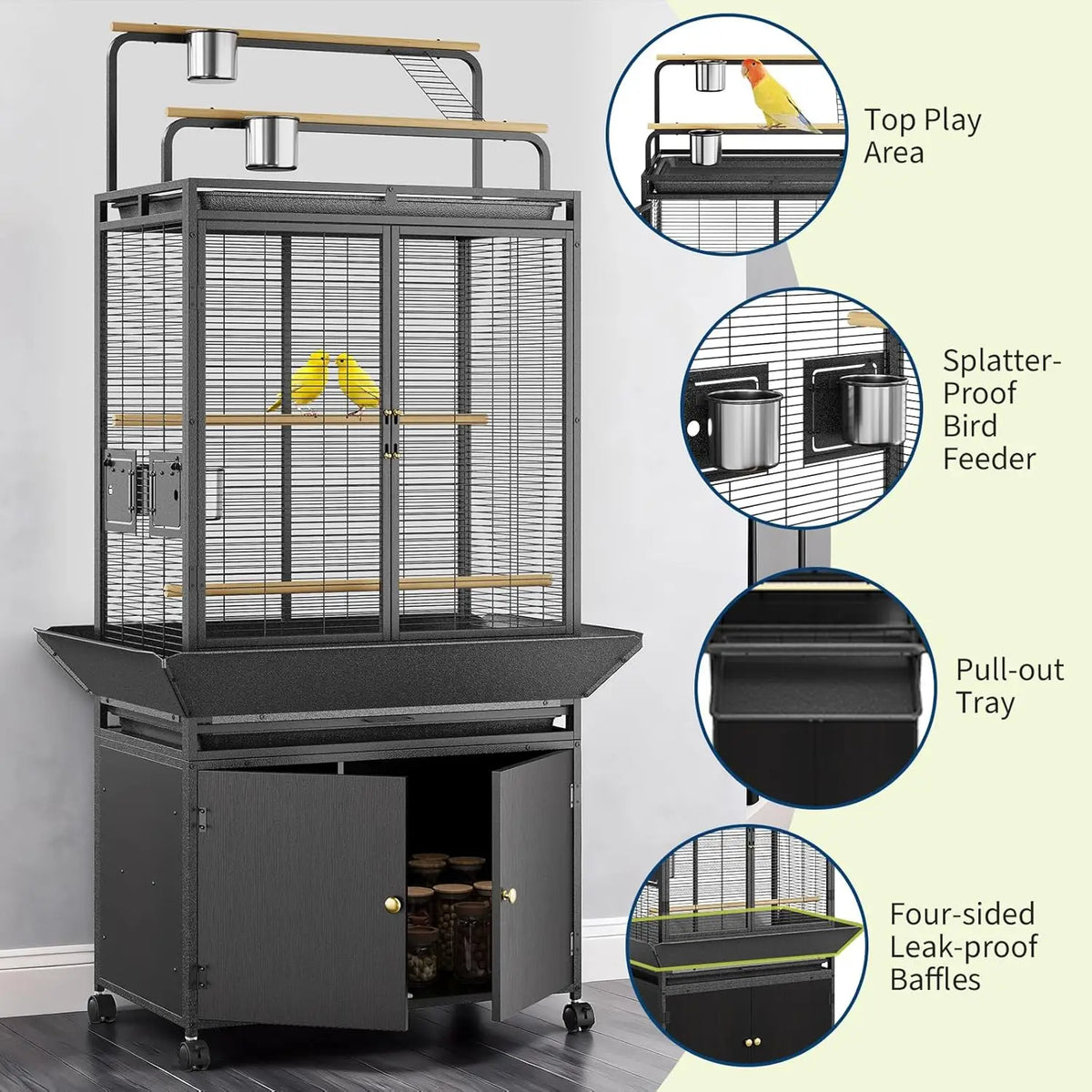 HiMISS Metal Bird Cage With Rolling Play Top Storage Cabinet