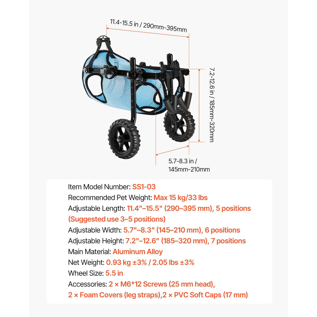 Adjustable Dog Wheelchair For Back Legs With Shock Absorbing Wheels
