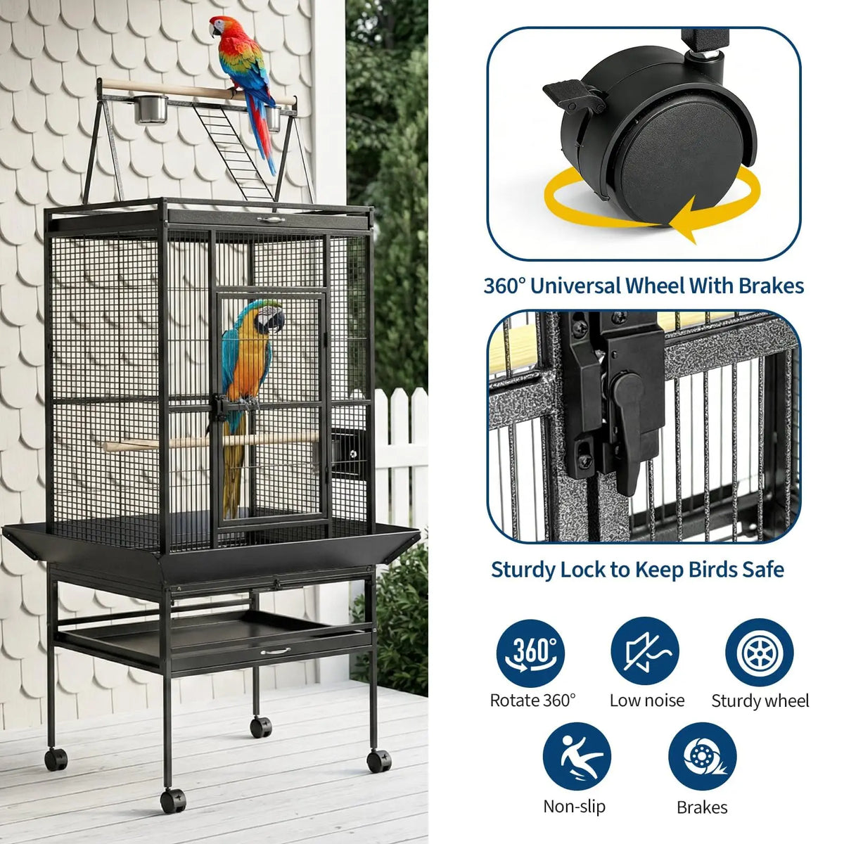 HiMISS Large Bird Cage With Rolling Stand And Play Top