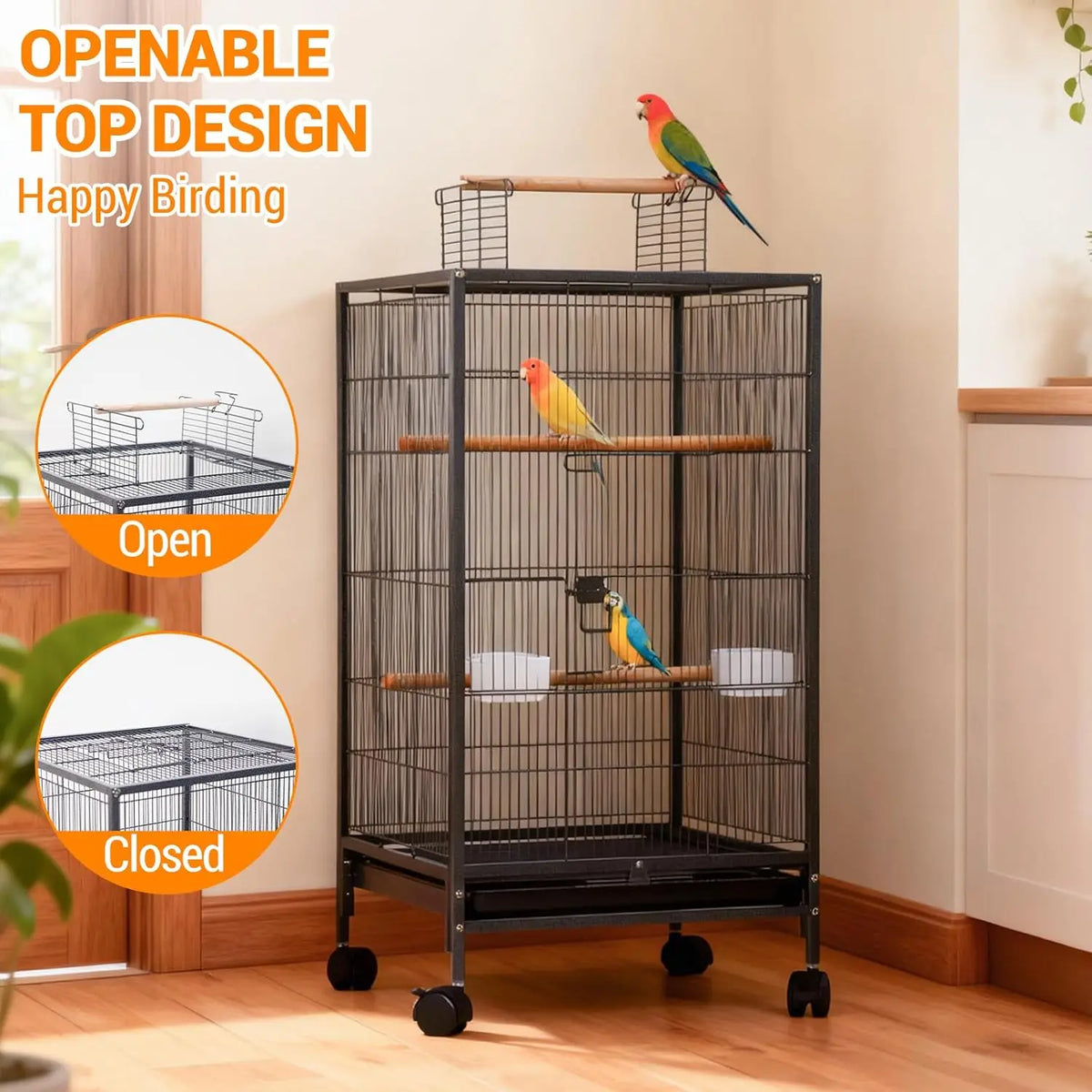 HiMISS Bird Cage With Rolling Stand Open Top For Budgies