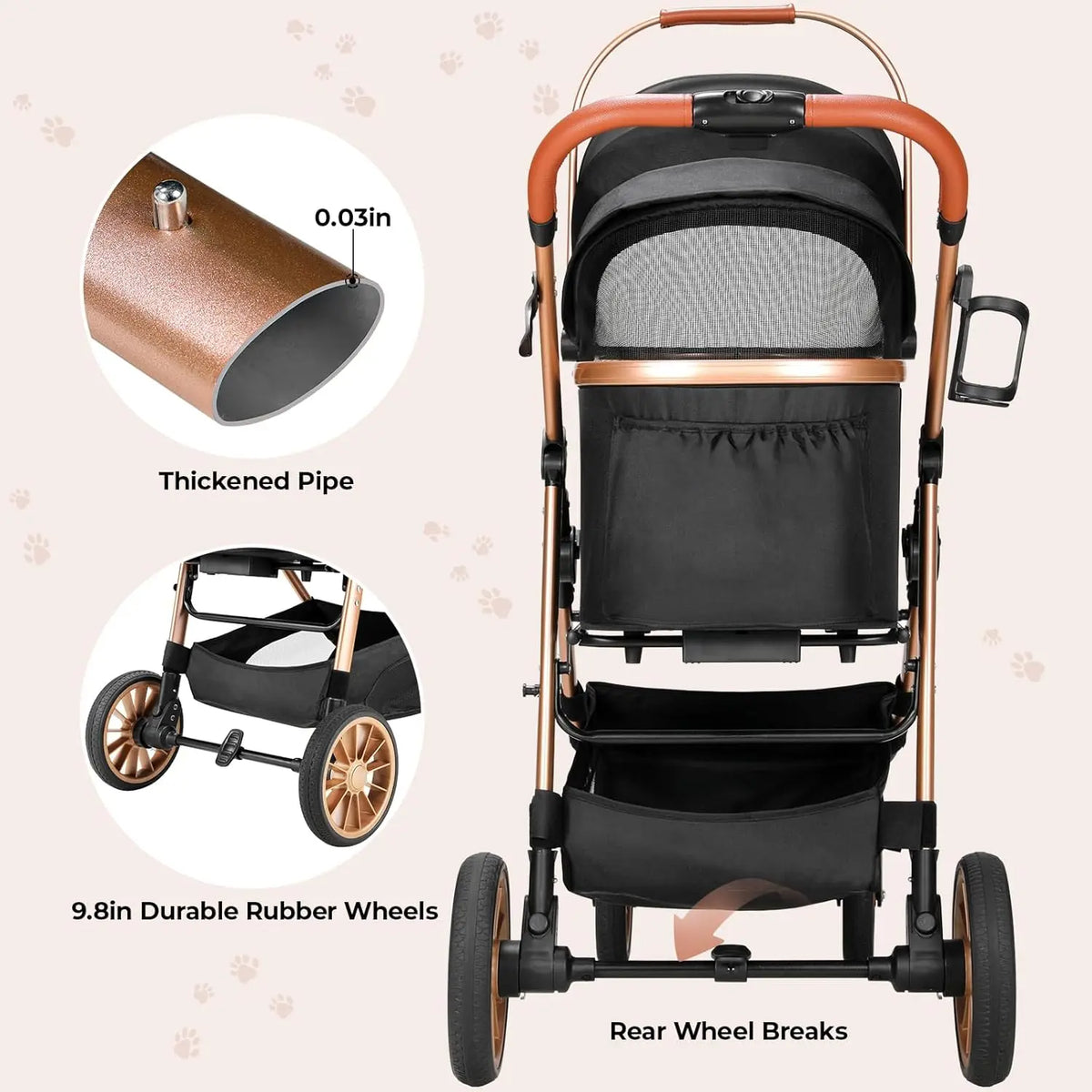 Foldable Three In One Pet Stroller With Carrier Storage Basket