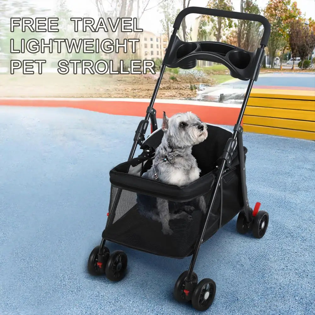 Folding Pet Stroller With Breathable Mesh And Cup Holder