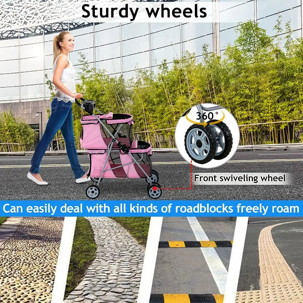 Double Pet Stroller For Dogs And Cats With Travel Carrier