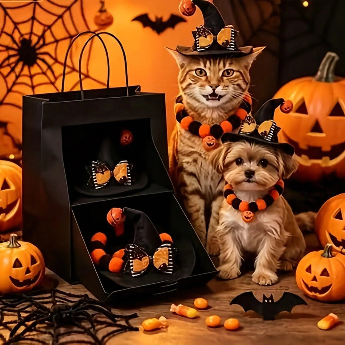 Halloween Pet Costume Set With Pumpkin Hat And Bat Collar
