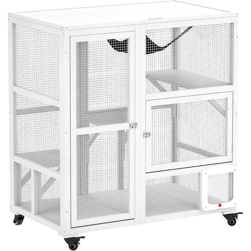 Indoor Multi Level Cat Enclosure With Wheels And Hammock Platform
