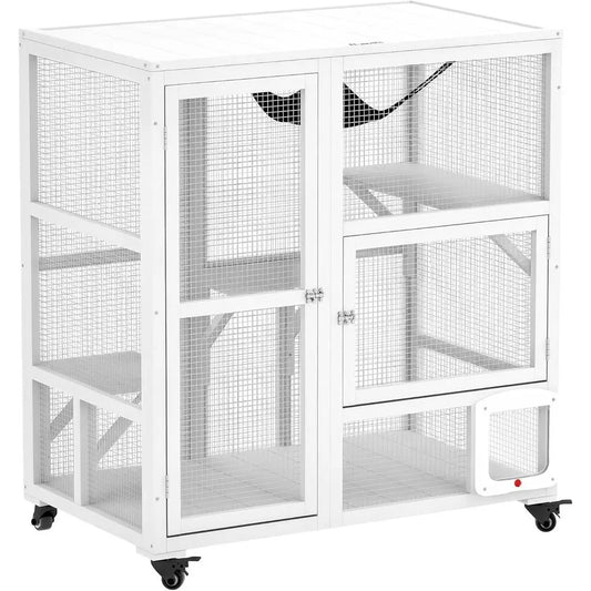 Indoor Multi Level Cat Enclosure With Wheels And Hammock Platform