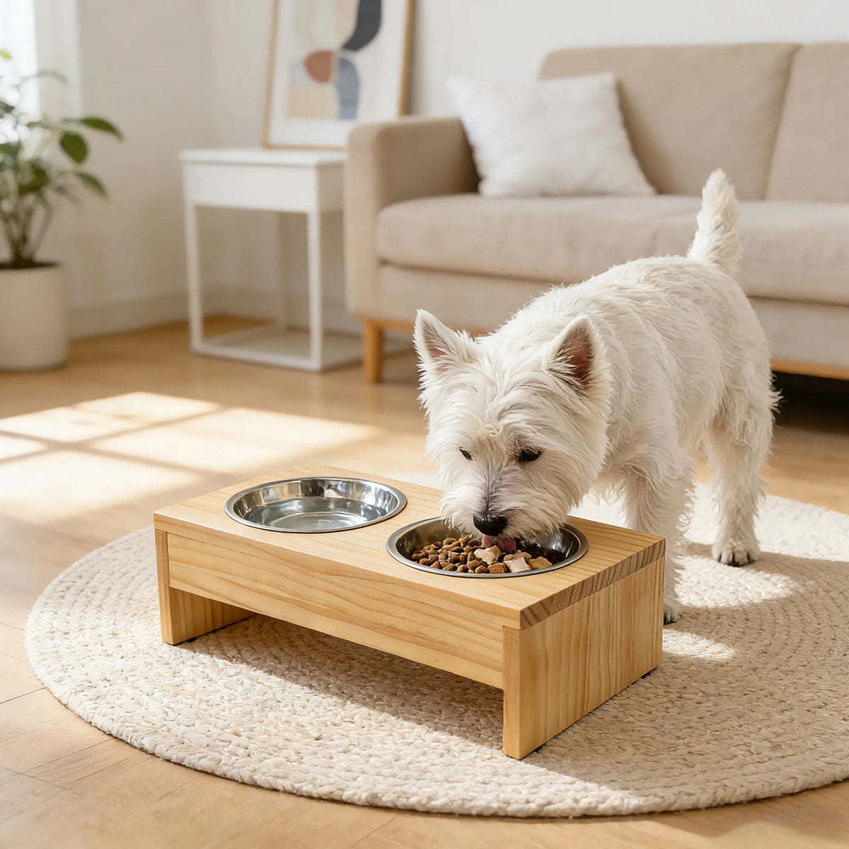 Wooden Raised Pet Feeder With Double Stainless Steel Bowls