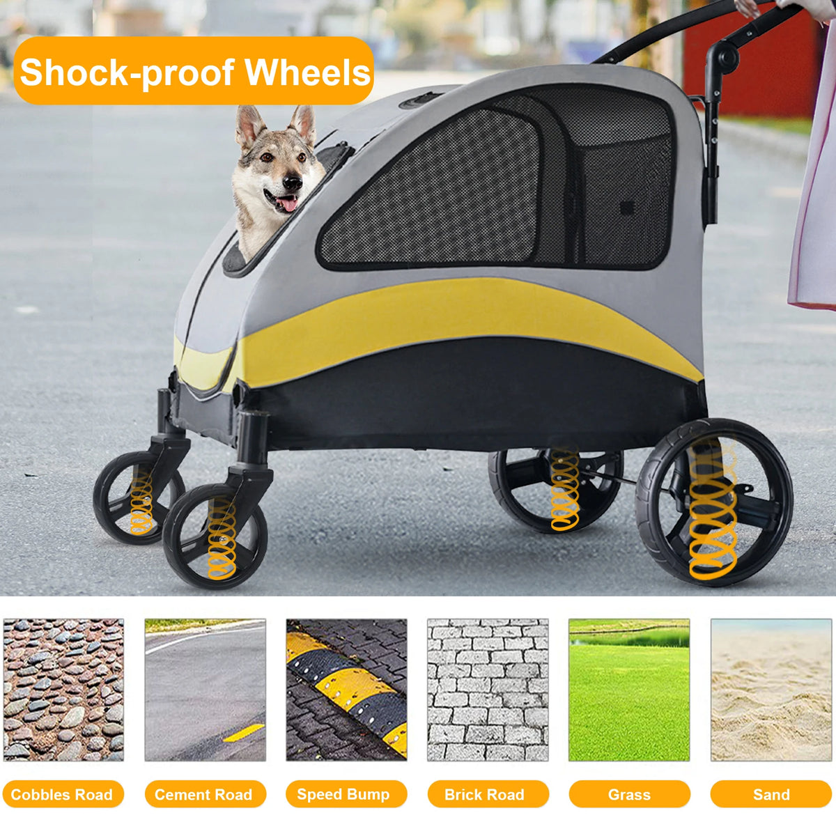 Foldable Dog Stroller Cart With 4 Wheel Swivel Travel Wagon