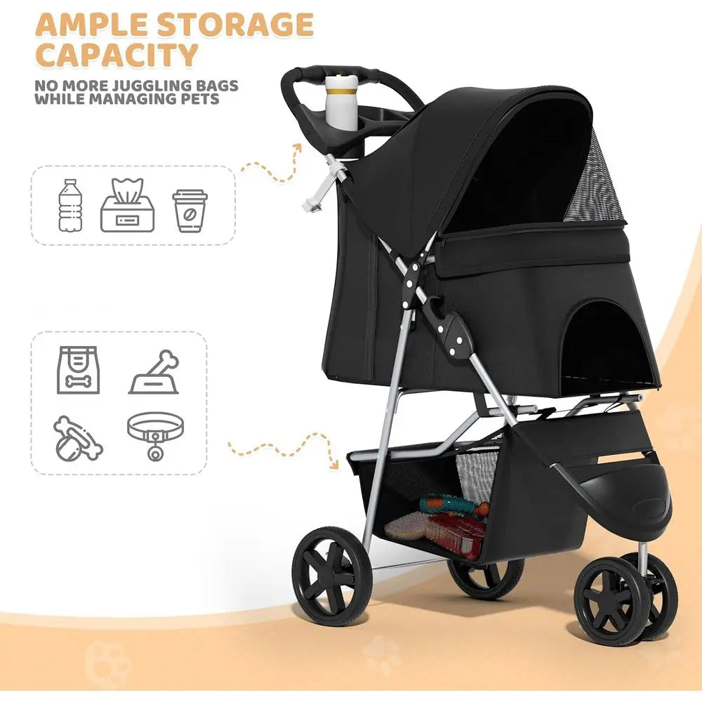 Three Wheel Pet Stroller Lightweight Carrier For Dogs And Cats